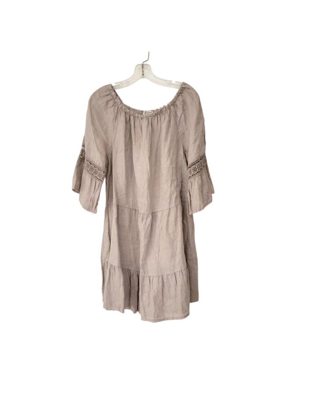 Terzo Millennio Beige Linen Dress With Bell Sleeves & Crochet Inserts Size L Mad - Picture 7 of 7